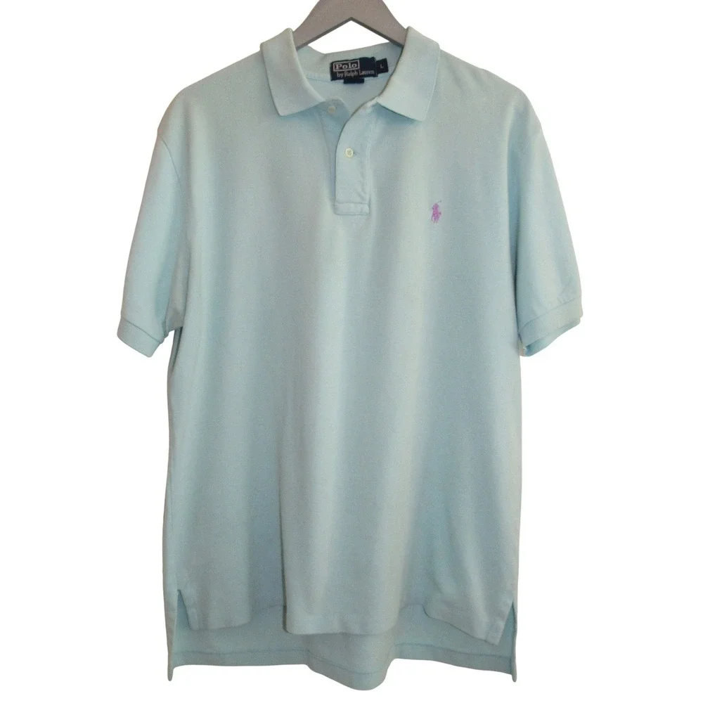 Polo‎ Ralph Lauren Mens Large Light Aqua Blue Pique Mesh Polo Shirt Purple Pony